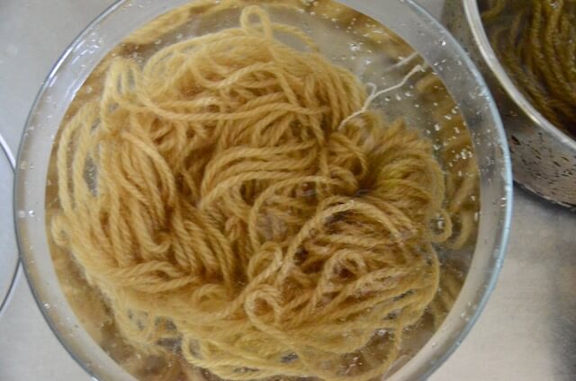 レモンバーベナ染め（アルミニウム媒染）した毛糸が水の中に入っている。黄色っぽい亜麻色。
